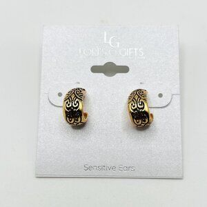Lori’s Gifts Gold Tone Etched Hoop Earrings Hypoallergenic NWT Sensitive Ears